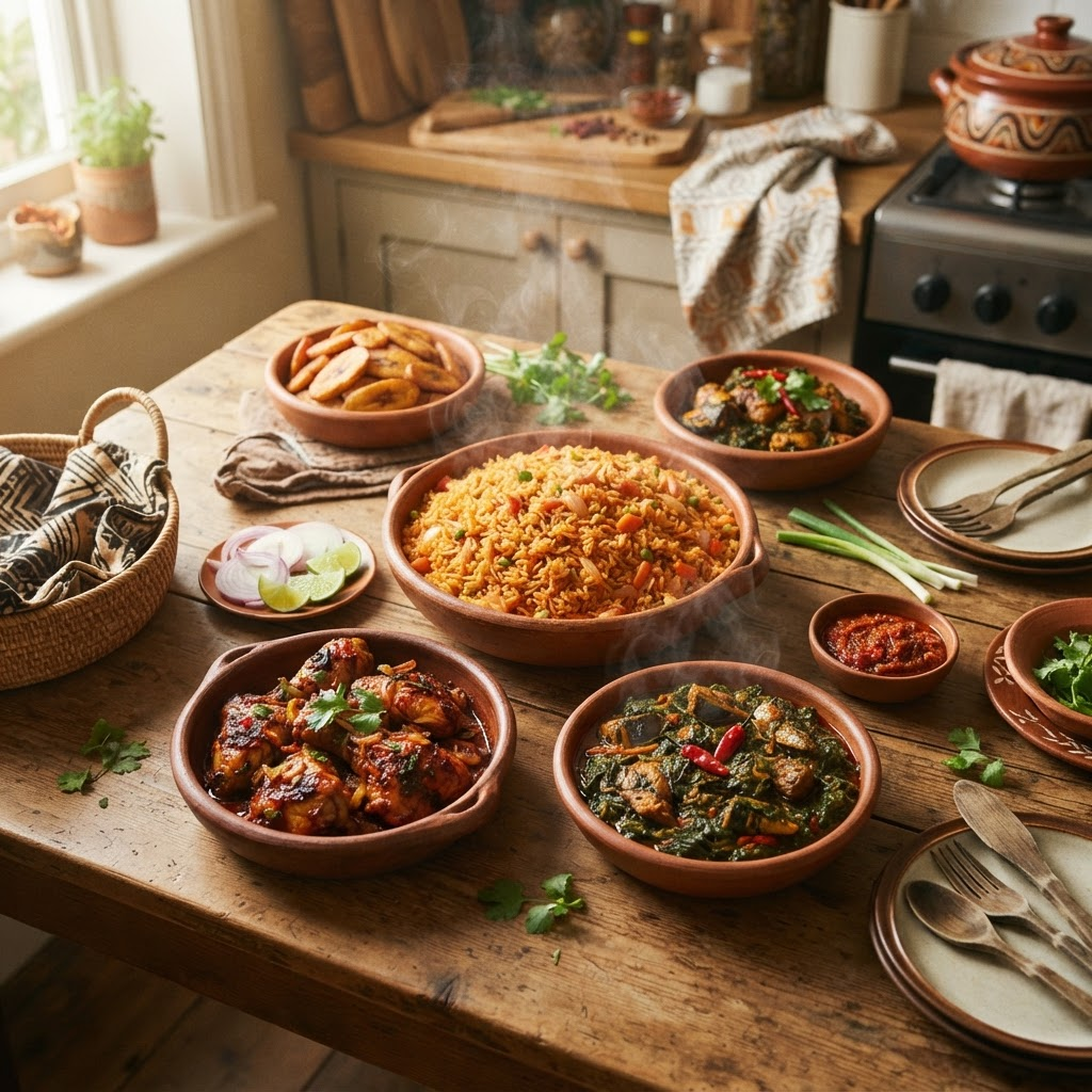 A warm spread of jollof rice, plantain, peppered chicken, and stew on a rustic table