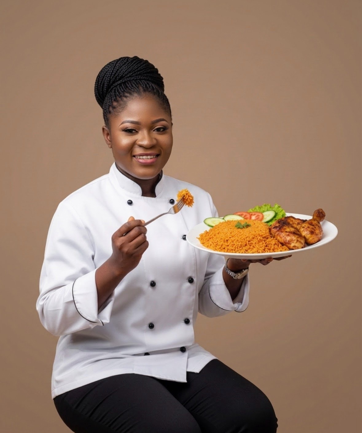 Mz Vicky in her chef's coat holding a plate of jollof rice and grilled chicken