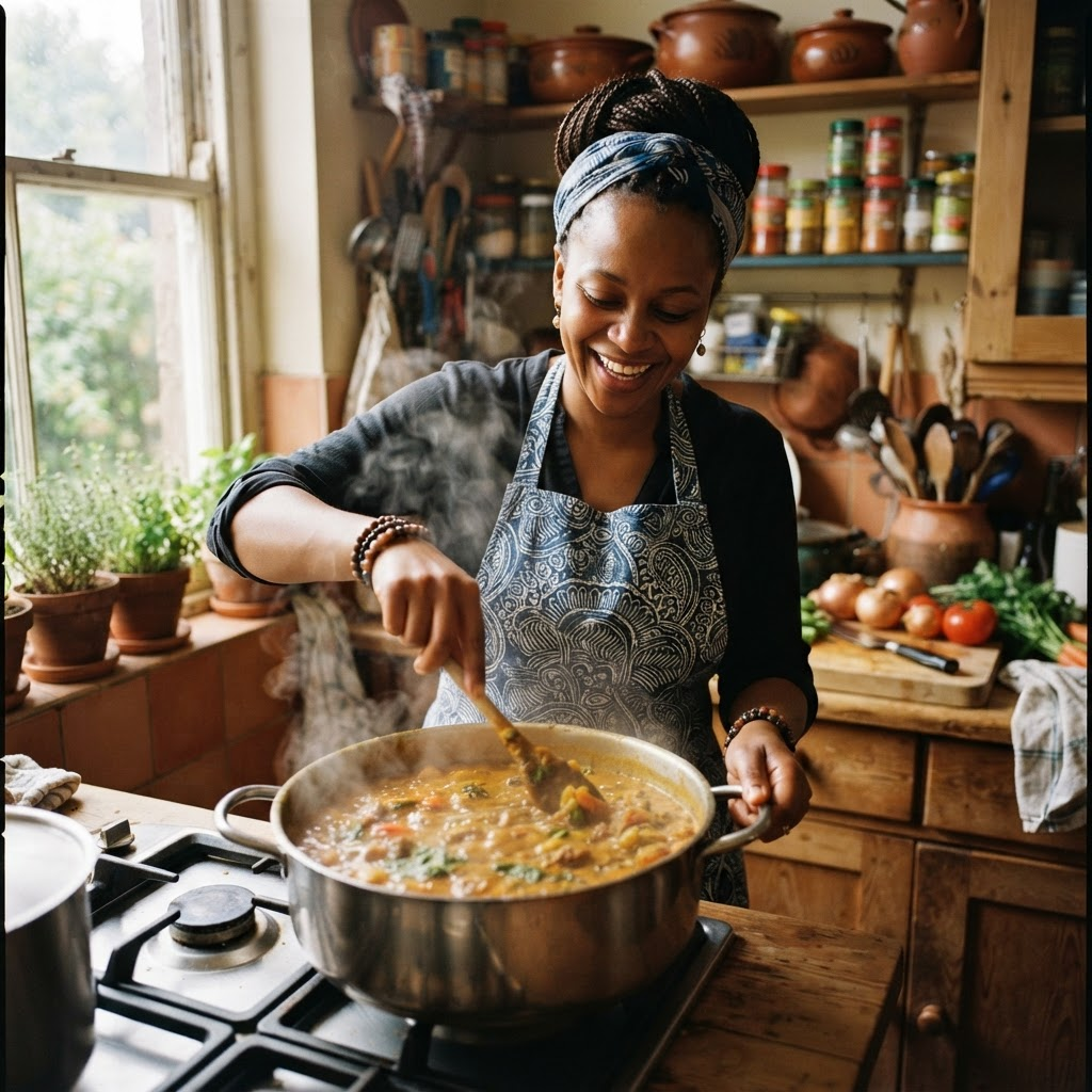 Mz Vicky stirring a pot of stew in her home kitchen
